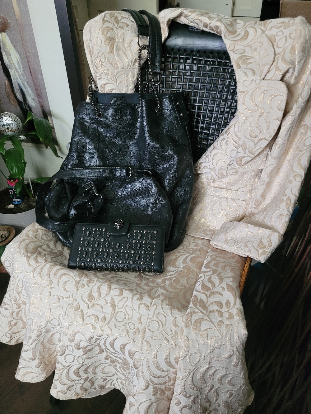 Black Embossed Skull Tote Bag With Insert Mini Bag